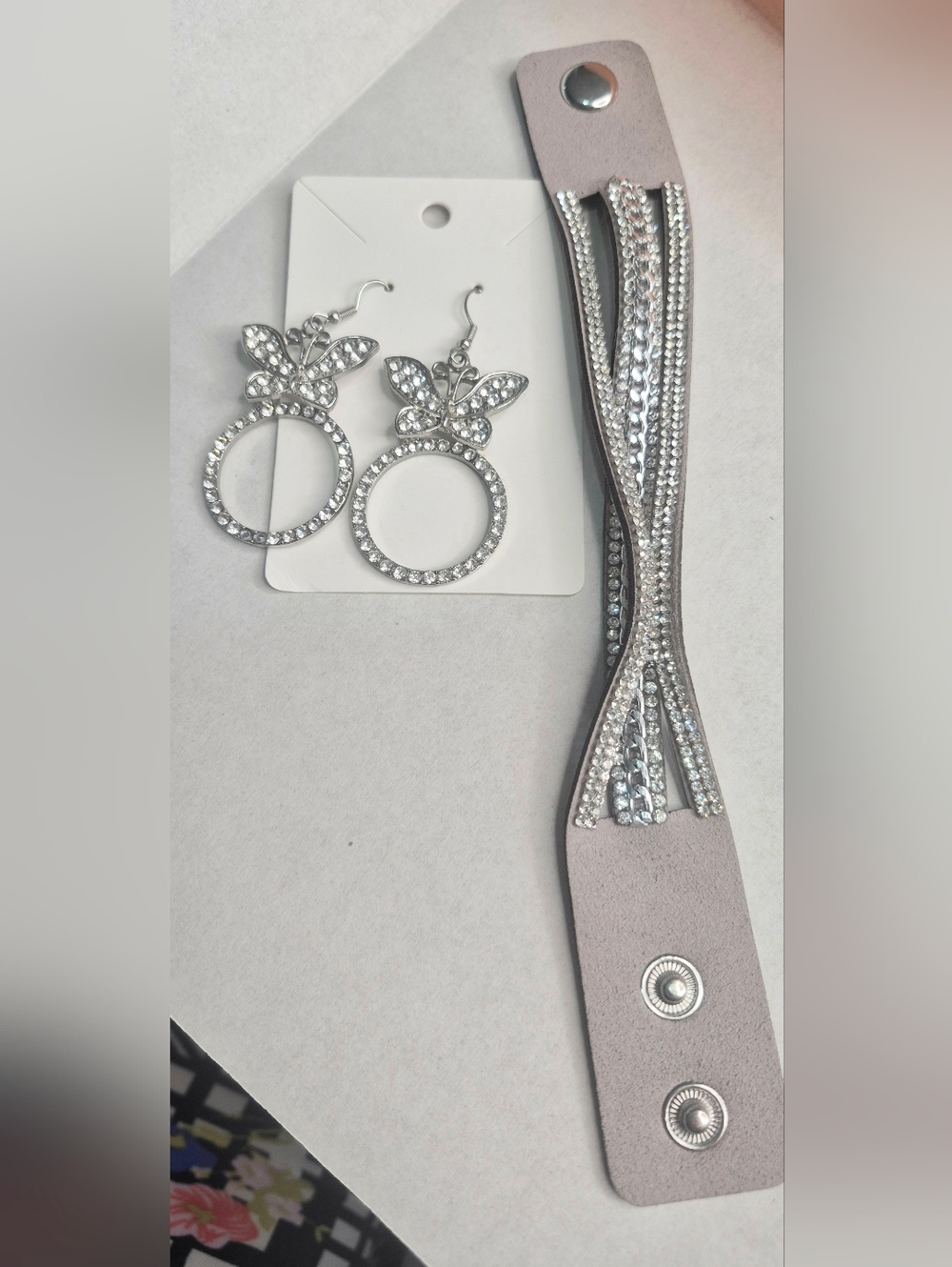 Silver Butterfly Crystal Hoop Earrings - w/ Crystal Wrap Bracelet - Picture 4 of 4